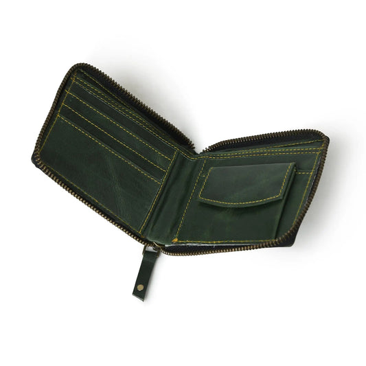 Adams buffalo leather bi-fold wallet green with yellow stitching and zip-around edge on Tampa Home & Garden Store