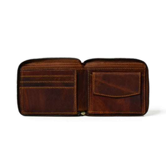 Adams Bi-Fold Leather Wallet Walnut Brown with card slots and zip-around closure on Tampa Home & Garden Store