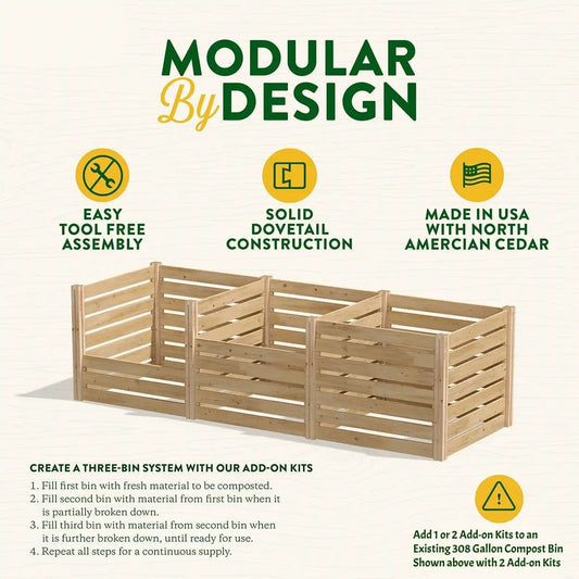 Add-on kit for 308-gallon cedar wood compost bin; modular three-bin system in cedar on Tampa Home & Garden Store