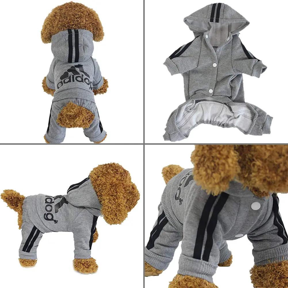 Adidog four-legged hoodie for pets gray with black stripes and hood dog apparel on Tampa Home & Garden Store