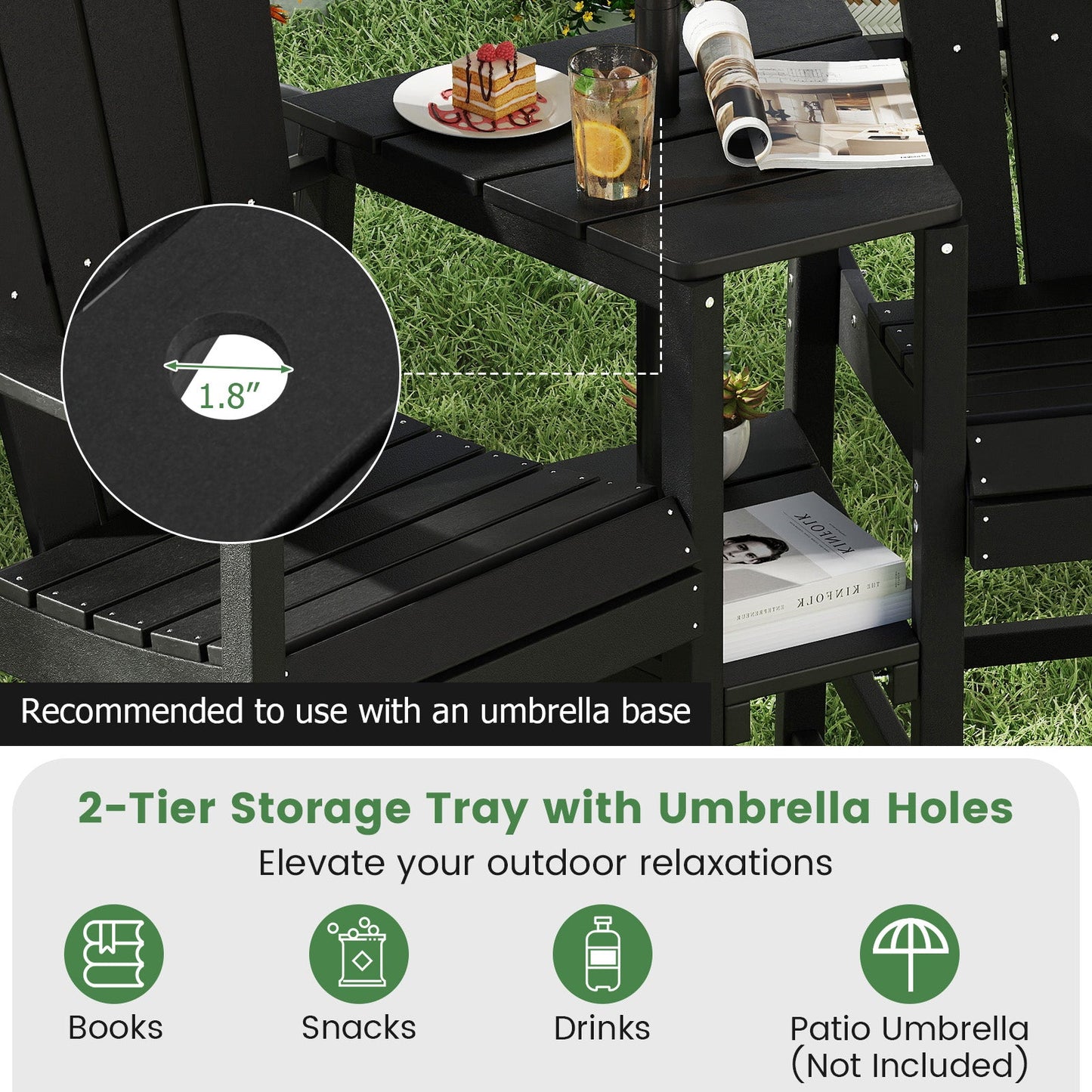 Silla Adirondack de 2 plazas para todo tipo de clima con bandeja de conexión doble - Negra