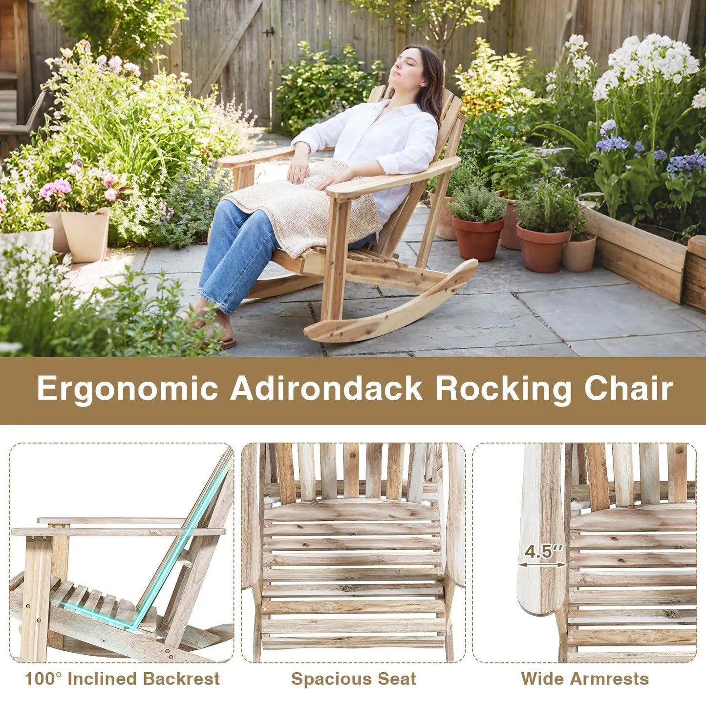 Adirondack Rocking Chair Natural Slatted Seat by DirectDeals in garden setting on Tampa Home & Garden Store
