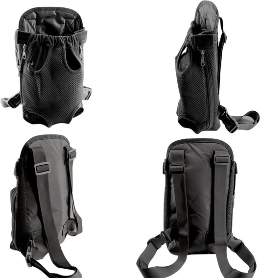 Adjustable pet carrier backpack with legs-out openings in black mesh fabric on Tampa Home & Garden Store