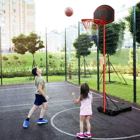 Adjustable basketball hoop stand with wheels, red pole and portable base for outdoor court on Tampa Home & Garden Store