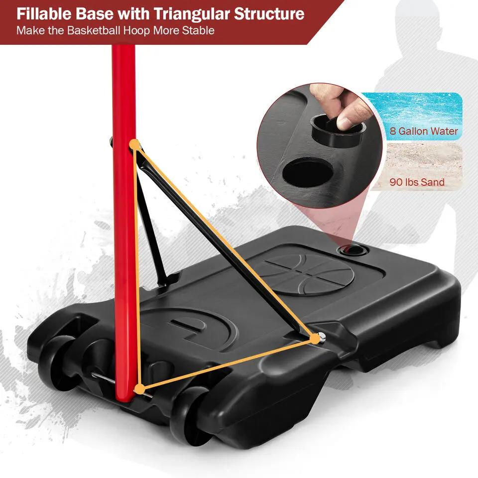 Adjustable basketball hoop stand with red pole and fillable wheeled black base for portability on Tampa Home & Garden Store