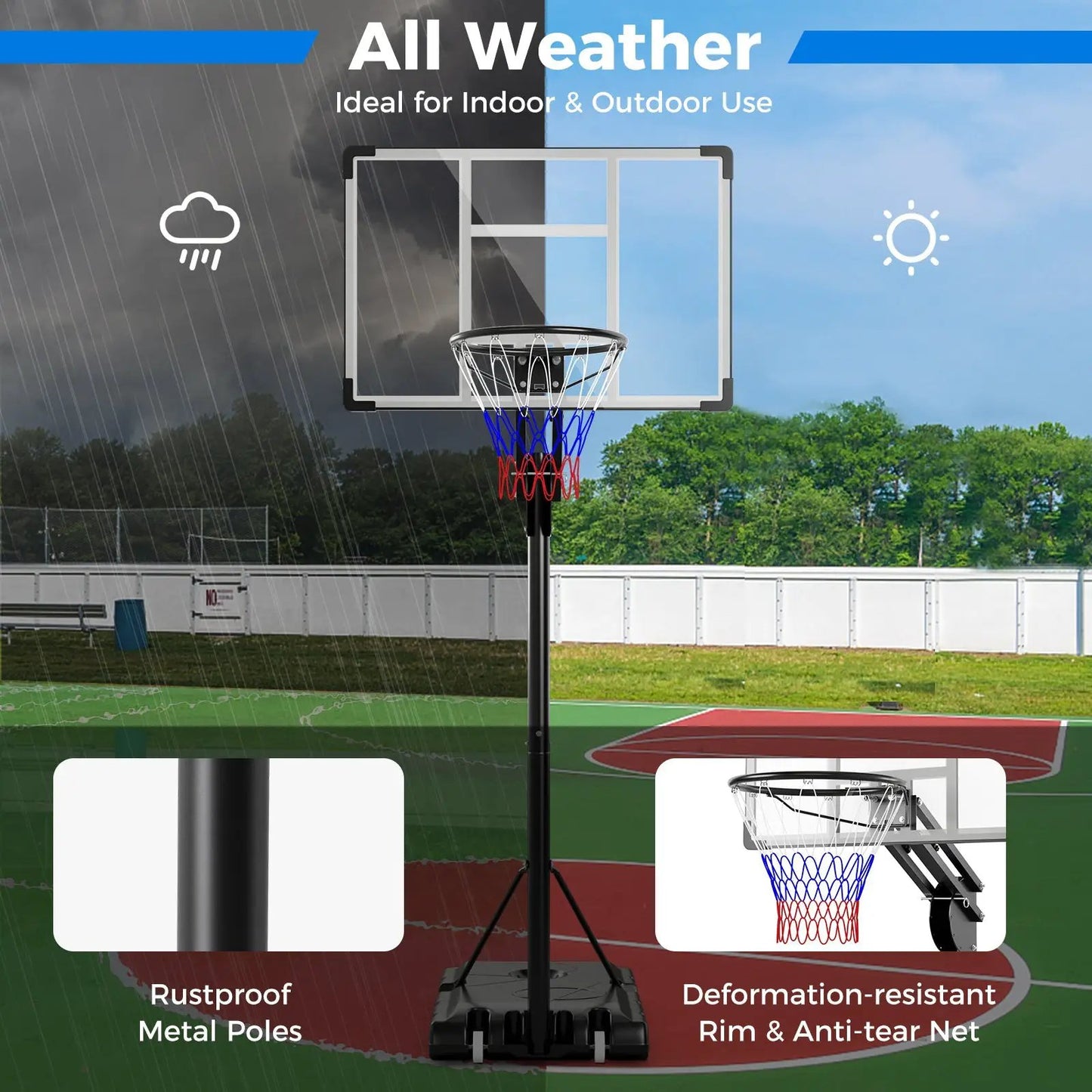 Adjustable basketball hoop with shatterproof backboard on a portable stand on Tampa Home & Garden Store