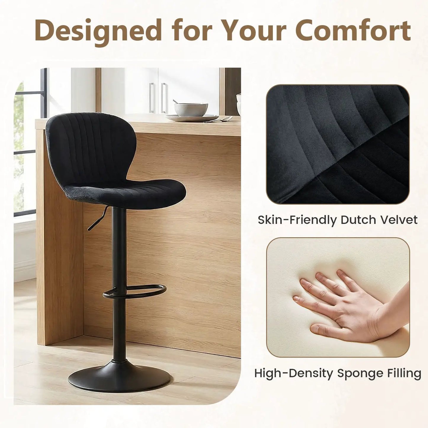 Velvet Backrest Adjustable Counter Height Bar Stool set of 4, black DirectDeals on Tampa Home & Garden Store