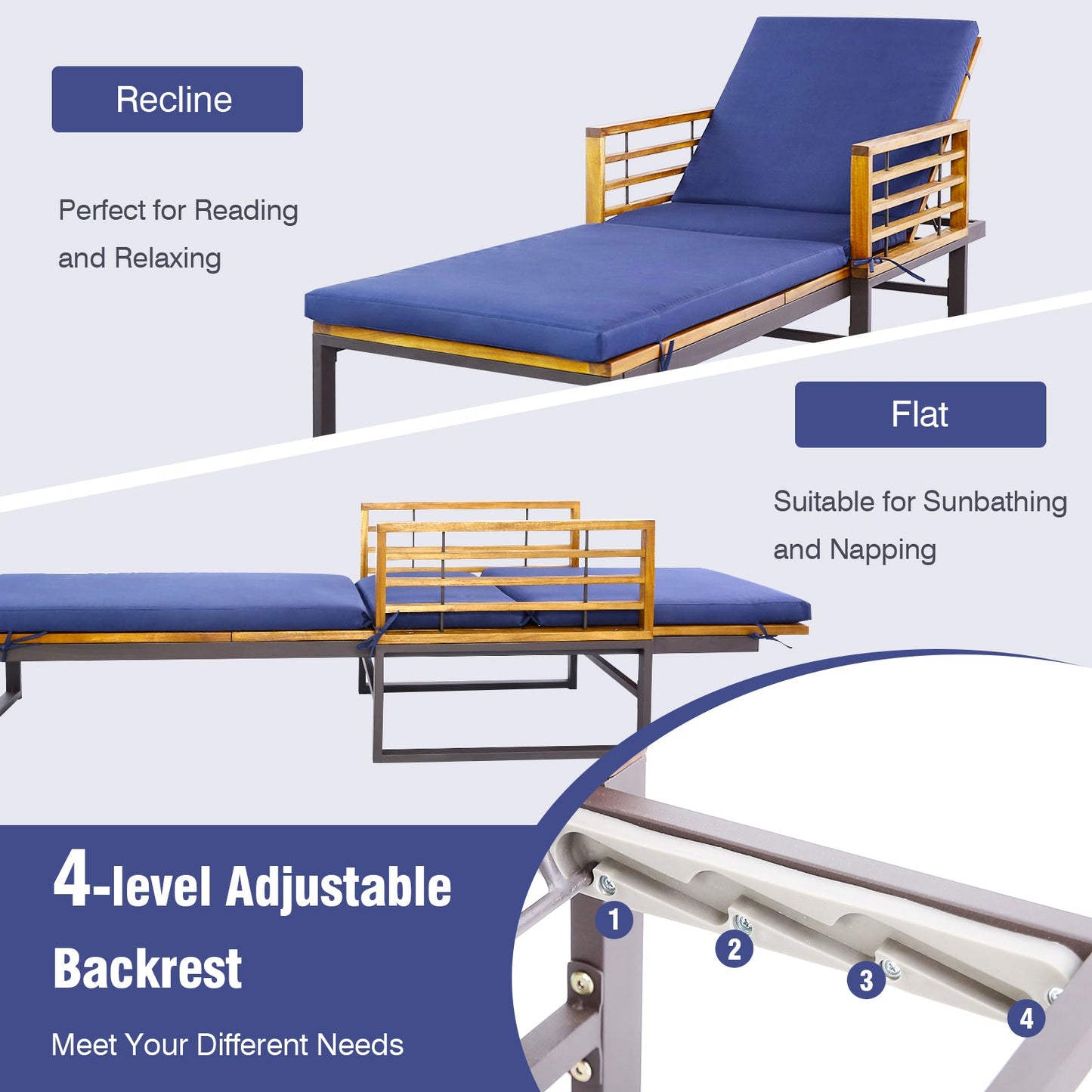 Tumbona reclinable acolchada para patio con respaldo de 4 niveles - Azul marino