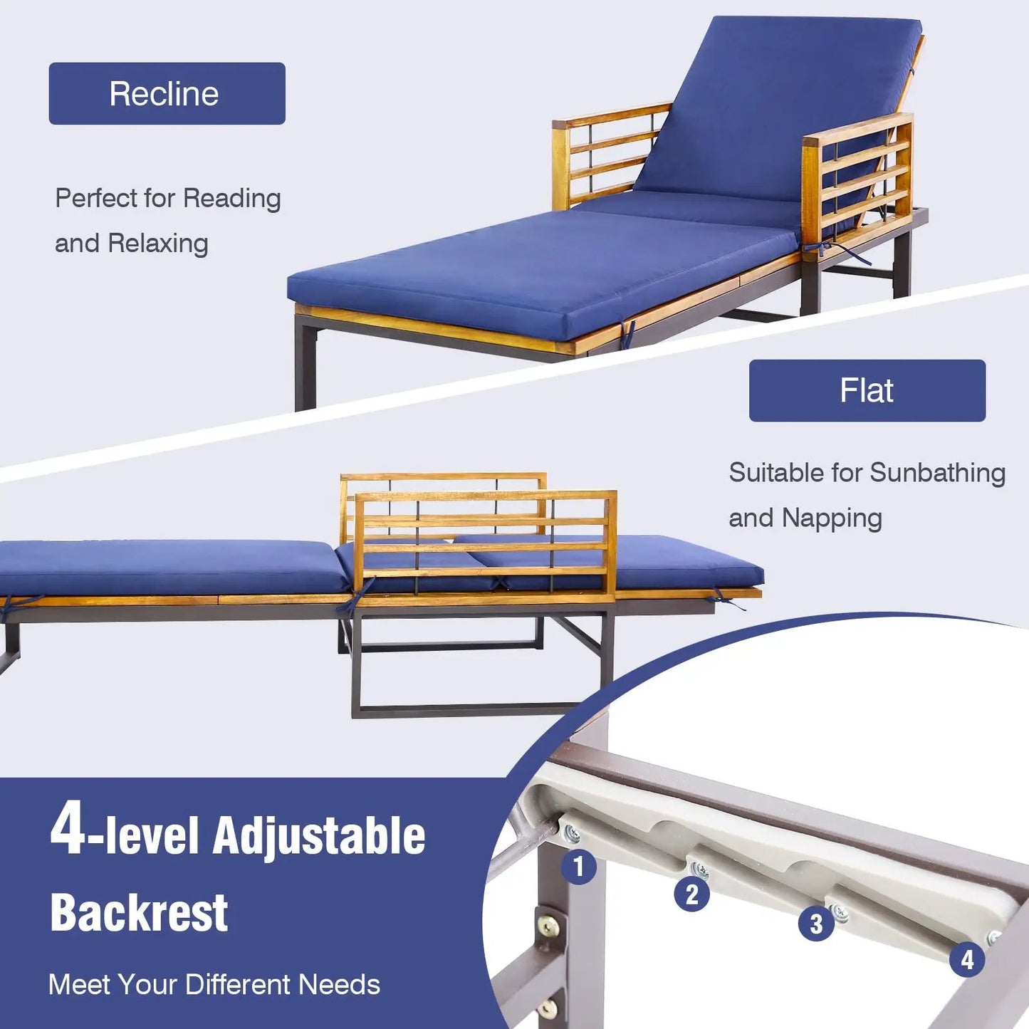 Adjustable Cushioned Patio Chaise Lounge Chair with 4-Level Backrest-Navy - Tampa Home & Garden Store