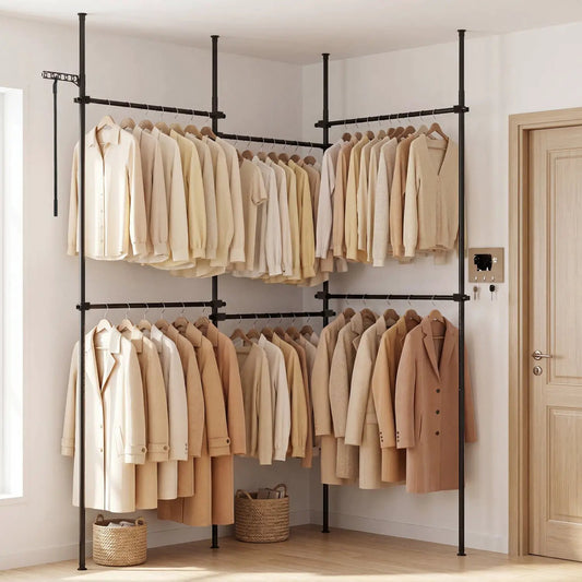 Floor-to-Ceiling Clothes Rack with 6 rods black metal coat rack holding beige coats DirectDeals on Tampa Home & Garden Store