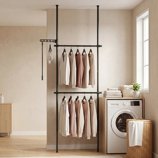 Floor-to-ceiling clothes rack with 2 black rods; adjustable DirectDeals coat rack for laundry on Tampa Home & Garden Store