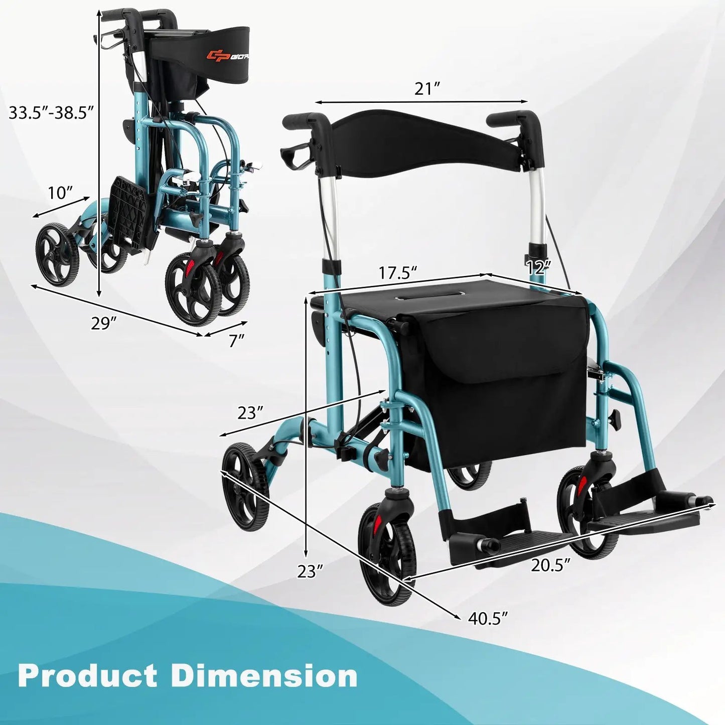 2-in-1 folding rollator walker teal frame with black storage bag by DirectDeals on Tampa Home & Garden Store
