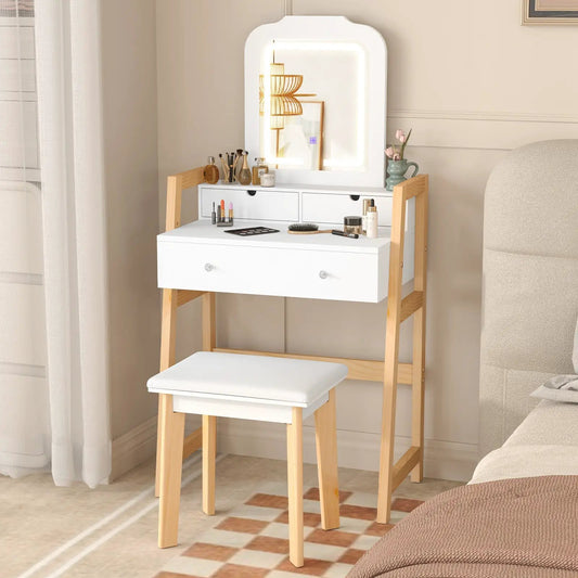 Adjustable vanity desk with LED mirror and 2 white drawers, natural wood legs, matching bench on Tampa Home & Garden Store