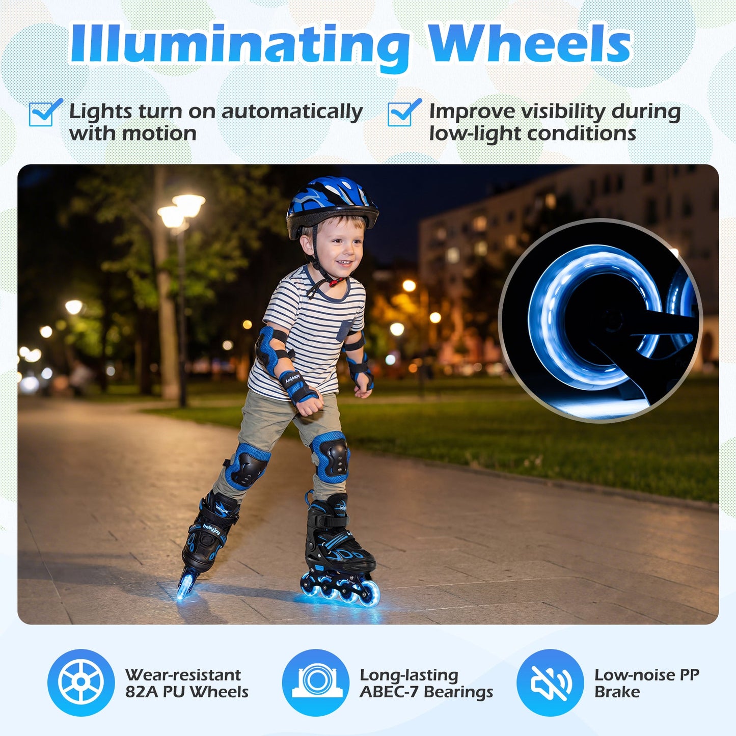 Adjustable kids' inline skates with blue accents and LED wheels worn by a child in helmet and pads on Tampa Home & Garden Store