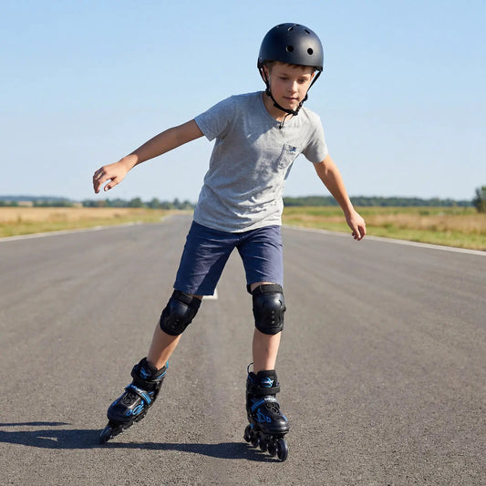 Adjustable kids' incline inline skates black with blue accents, 4 sizes worn by child on Tampa Home & Garden Store