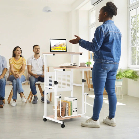 Height Adjustable Mobile Computer Stand with wood top, white frame, caster wheels on Tampa Home & Garden Store