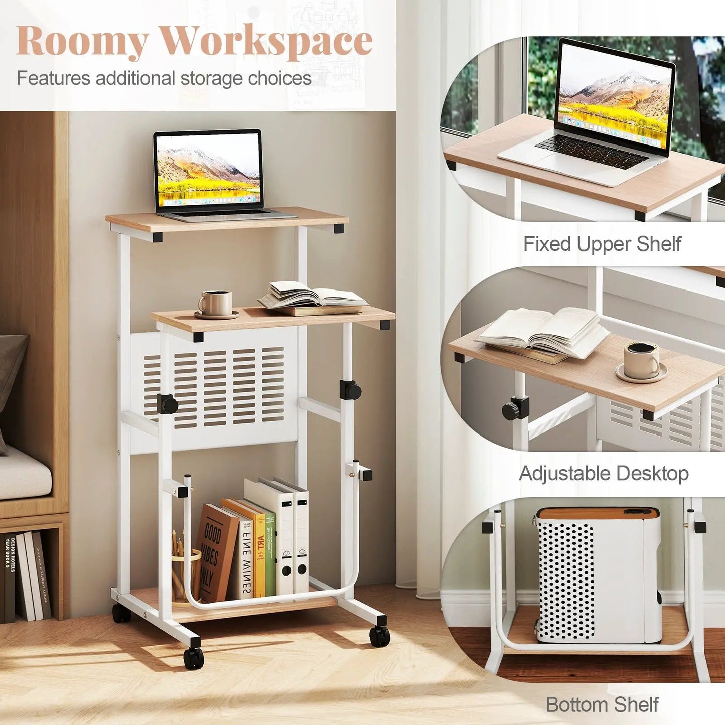 Height adjustable DirectDeals mobile computer stand with wooden top and white frame on Tampa Home & Garden Store