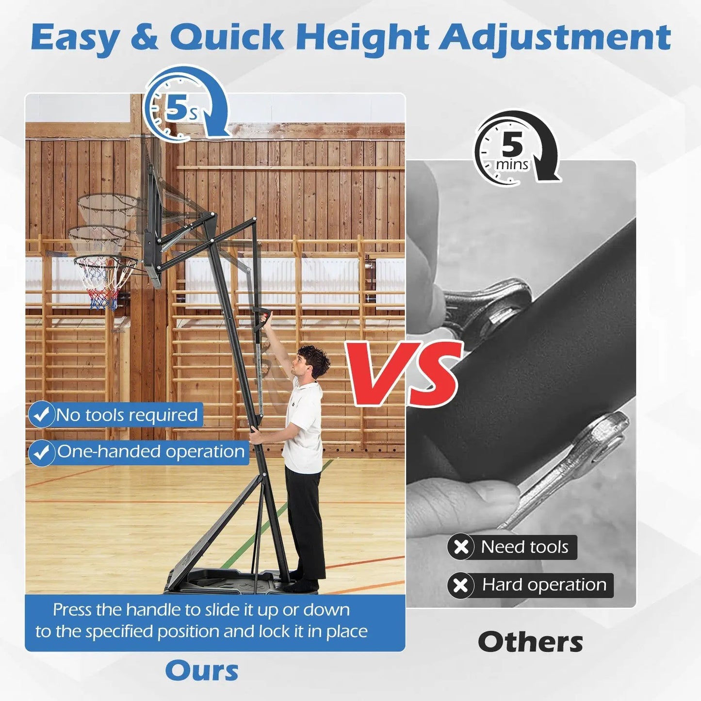 Height adjustable portable basketball hoop system DirectDeals, black steel frame in gym on Tampa Home & Garden Store