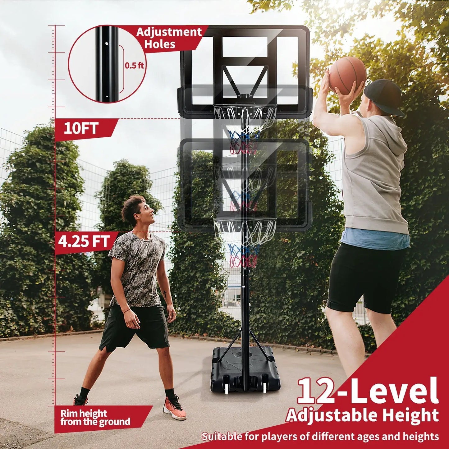 Adjustable Hoop Stand with Shatterproof Backboard, 12-level height, wheeled base on Tampa Home & Garden Store