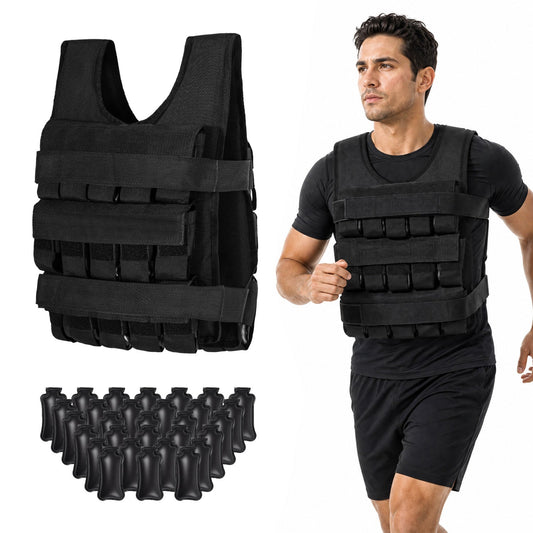 Adjustable weighted vest with removable iron weights black 44 lb set; model wearing and flat lay showing multiple weight pockets on Tampa Home & Garden Store