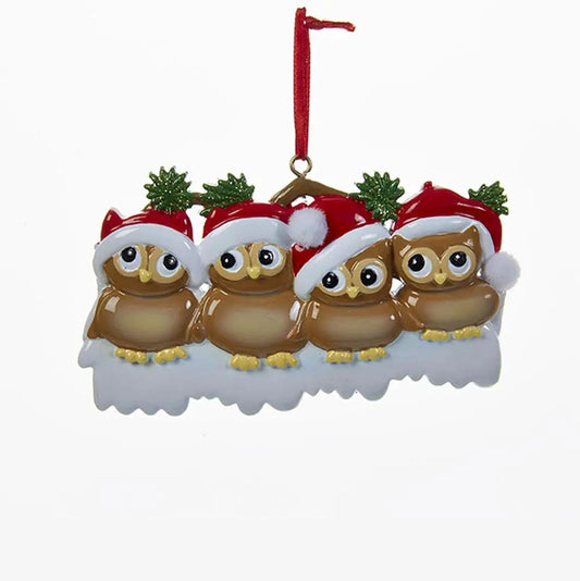 Owl family ornament set of 4 in red Santa hats on snowy base by The Country Christmas Loft on Tampa Home & Garden Store
