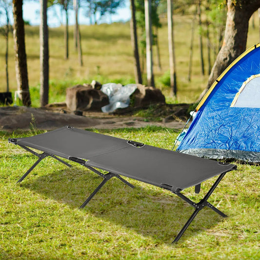 Adults and Kids Folding Camping Cot gray fabric on sturdy metal frame at camp site beside tent on Tampa Home & Garden Store