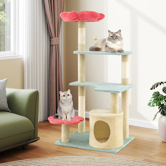 49 Inch Tall Floral Kitten Tower with Plush Perch, turquoise platforms, beige posts, pink top, 2 cats on Tampa Home & Garden Store