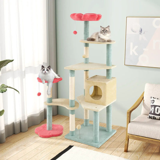 61 Inch multi-level kitten tower with perch pastel teal beige platforms DirectDeals on Tampa Home & Garden Store