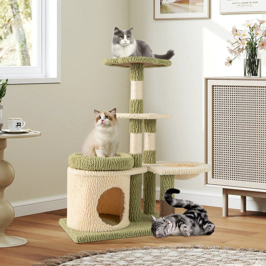 38-Inch kitten tower with condo and bed, green, multi-level cat tree with two cats on Tampa Home & Garden Store