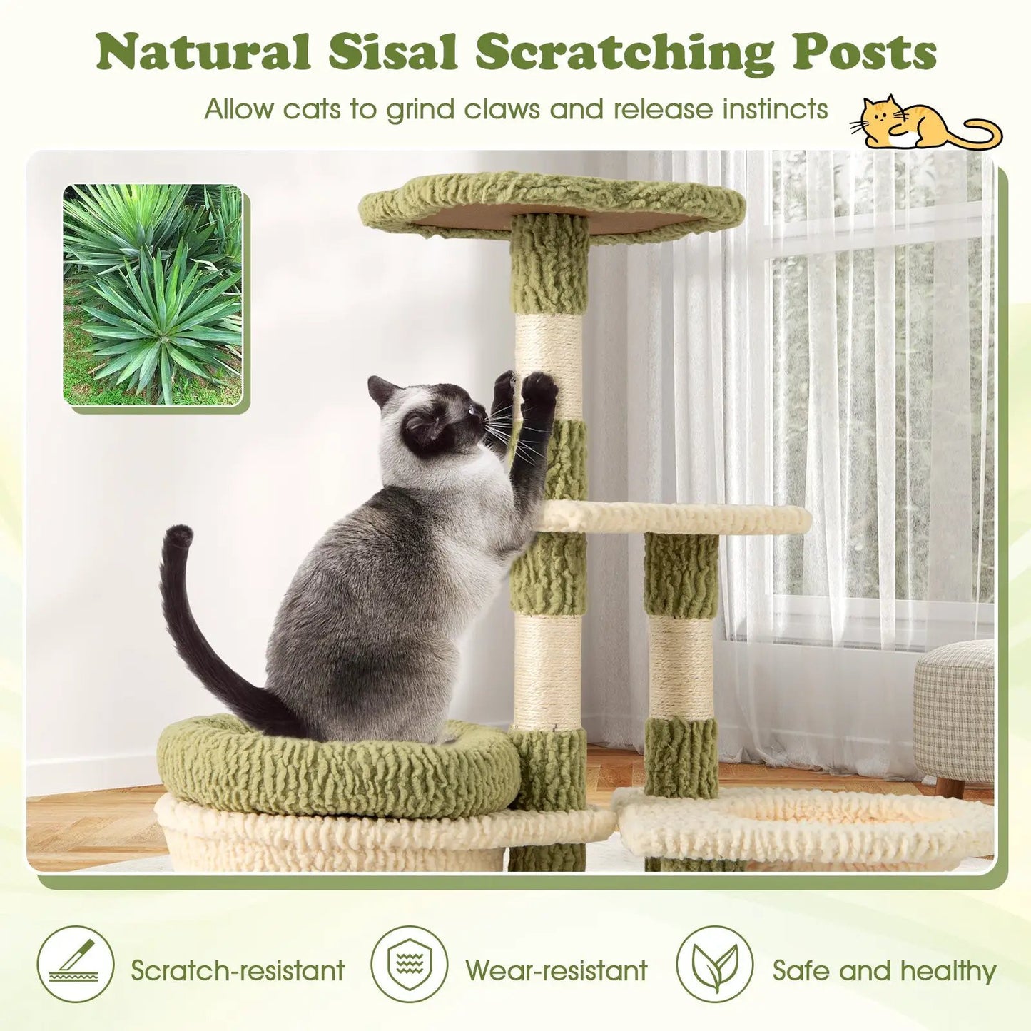 38 Inch Kitten Tower With Condo and Bed Green, multi cat tree with plush green and sisal posts on Tampa Home & Garden Store