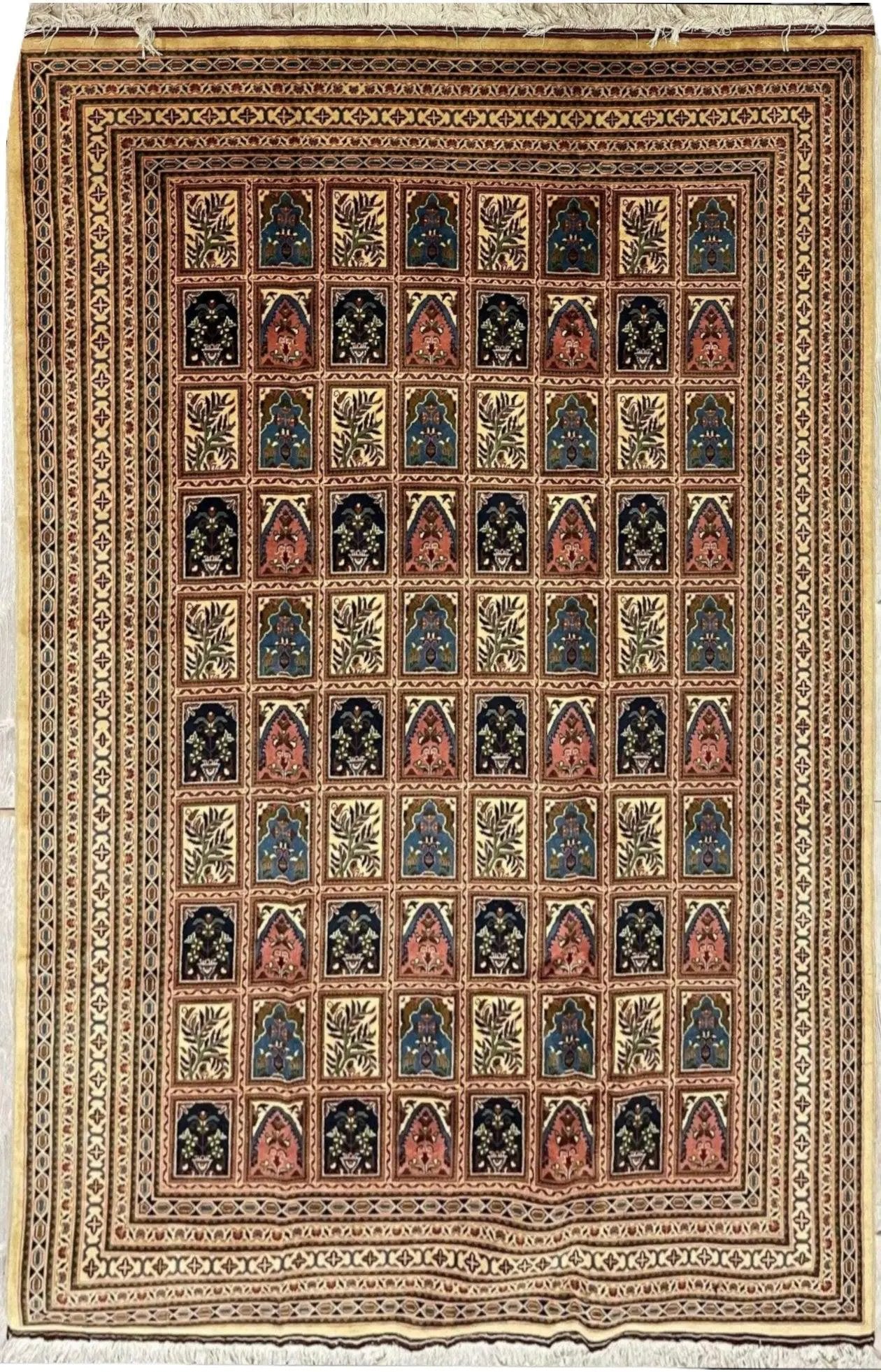 Afghani Bakhtiari 7x10 Wool Area Rug Rugistan multicolor geometric panel border design on Tampa Home & Garden Store