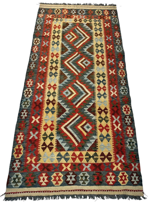 Afghani Maimana Kilim runner rug with chobi colors and bold geometric diamonds fringed ends on Tampa Home & Garden Store