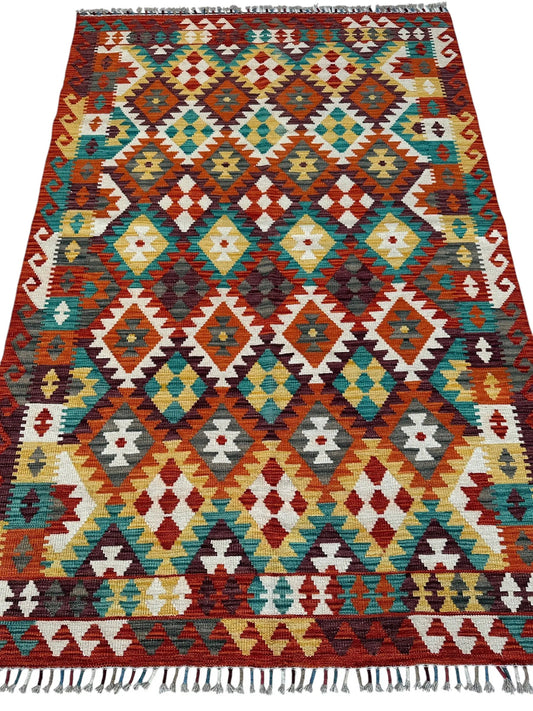 Afghani Maimana Kilim Wool Rug 4'3" x 6'7" with vibrant multicolor diamond motifs on Tampa Home & Garden Store