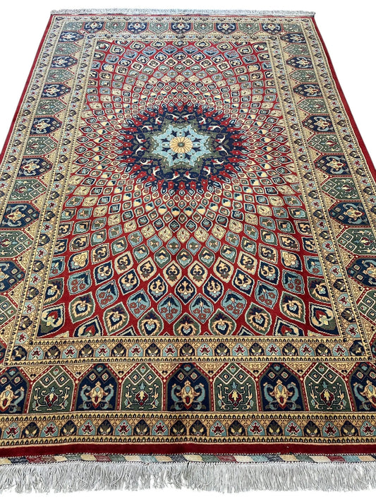 Rug Afghani Parak hand-knotted wool rug with dome motif in red teal ivory tones Rugistan on Tampa Home & Garden Store