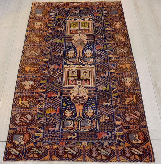 Afghani Vintage Pictorial Rug I Tribal Baluchi 4X7 Ft - Tampa Home & Garden Store