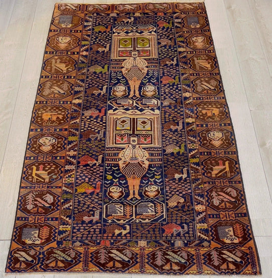 Rug Afghani Vintage Pictorial Baluchi 4x7 ft with colorful geometric motifs by Rugistan on Tampa Home & Garden Store