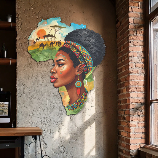 African Woman in Map Metal Wall Art, UV-printed Enova Art, vibrant colorful headdress on Tampa Home & Garden Store