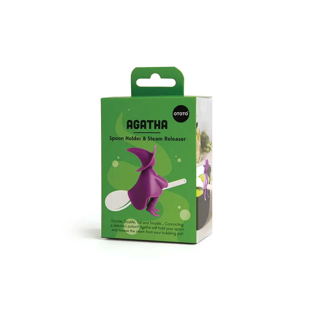 Agatha spoon holder & steam releaser by OTOTO DESIGN, purple figure on green boxed packaging on Tampa Home & Garden Store
