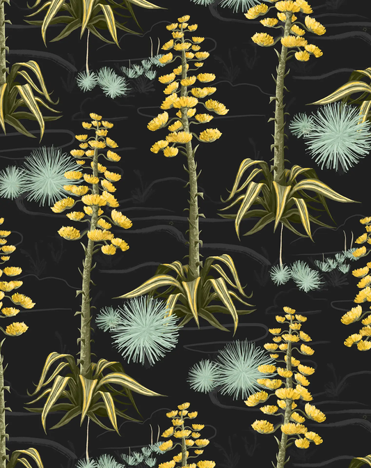 Agave Valley Wallpaper black vintage style with yellow flower spikes and pale rosettes on Tampa Home & Garden Store