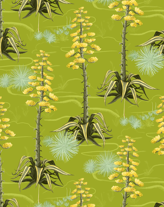 Agave Valley Green Desert Wallpaper with yellow flowering stalks and striped agave leaves on Tampa Home & Garden Store