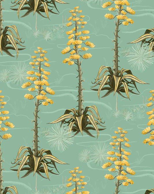 Wallpaper Agave Valley Mint by Samantha Santana, mint background with yellow flower stalks on Tampa Home & Garden Store