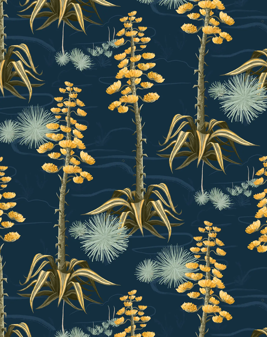Agave Valley Wallpaper Navy Desert Landscape featuring yellow bloom stalks on navy background on Tampa Home & Garden Store