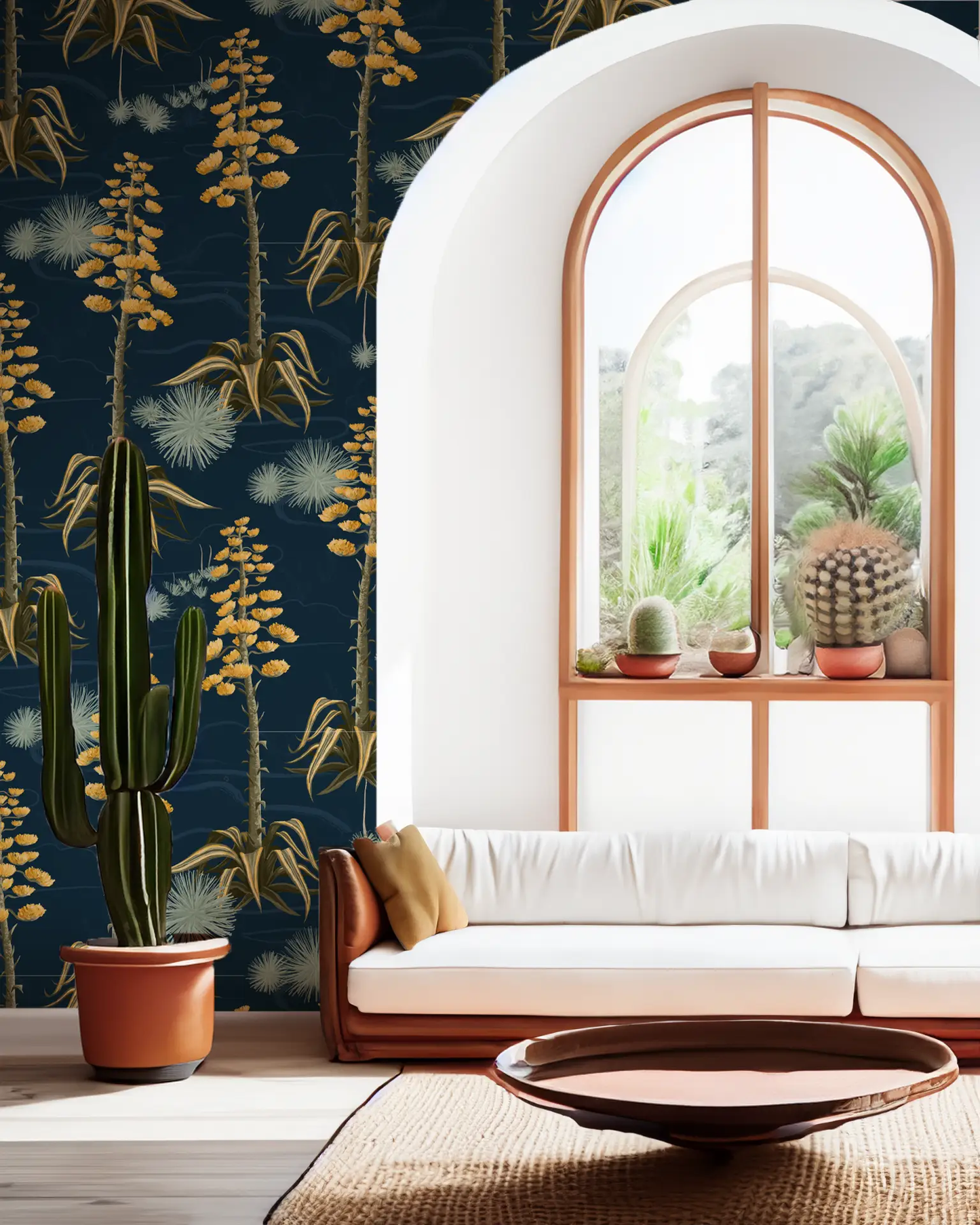 Wallpaper: Agave Valley Navy Desert Landscape with tall agave plants on navy background on Tampa Home & Garden Store