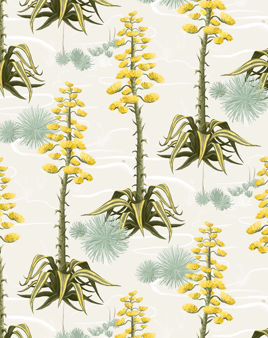 Agave Valley Wallpaper off-white background with yellow flower stalks and spiky green plants on Tampa Home & Garden Store
