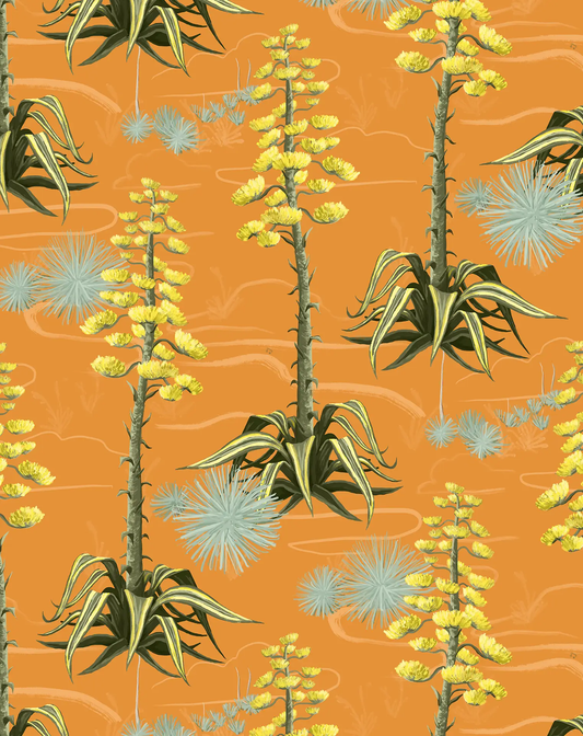 Agave Valley wallpaper orange desert motif with tall yellow flower stalks and blue-green spiky plants on Tampa Home & Garden Store
