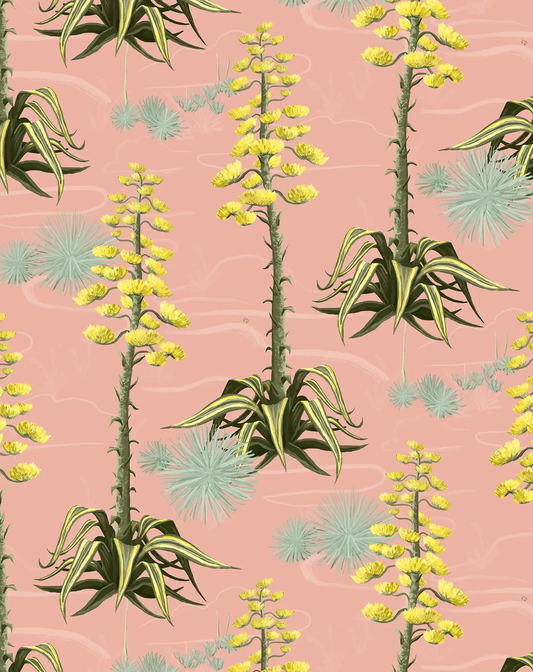 Agave Valley Wallpaper pink desert botanical with yellow flower stalks and green rosettes on Tampa Home & Garden Store