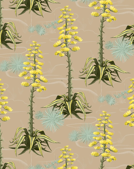 Agave Valley Wallpaper tan by Samantha Santana with yellow stalks and blue-green rosettes on Tampa Home & Garden Store