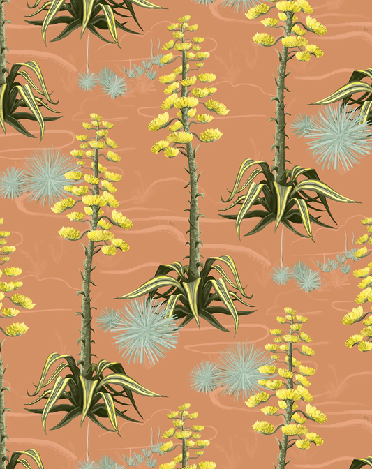 Agave Valley Wallpaper terra cotta backdrop with yellow flowering stalks leaves on Tampa Home & Garden Store