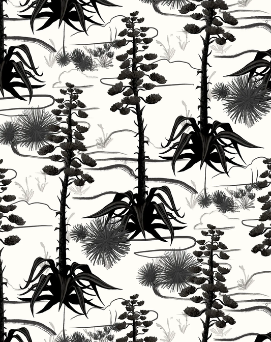 Desert Agave Valley wallpaper white and black pattern with tall agave silhouettes on Tampa Home & Garden Store