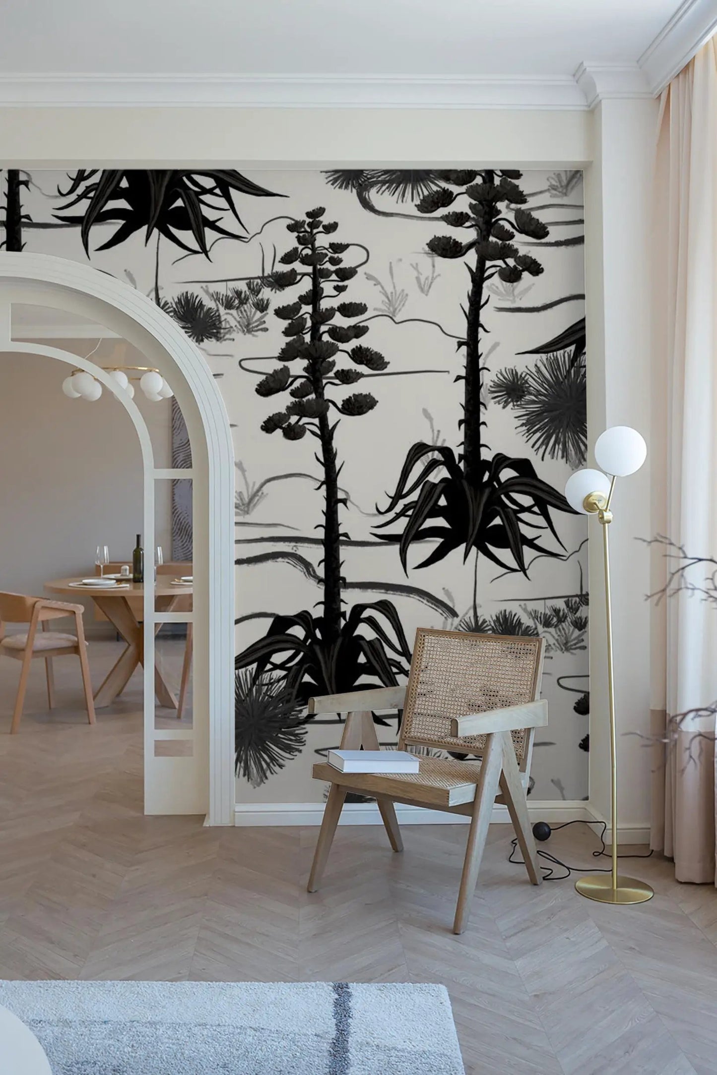 Desert Agave Valley Wallpaper white and black with botanical motif by Samantha Santana Creative on Tampa Home & Garden Store